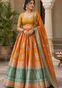 Royal Orange & Emerald Green Zari Brocade Gujarati