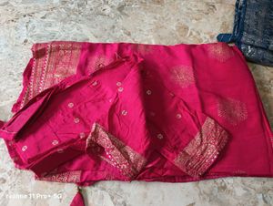 Vibrant Pink Silk Saree with Golden Border