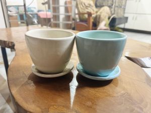 White And  Blue Ceramic Planter With Plate