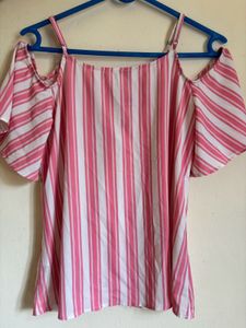 Pink &amp; White Striped Cole Shoulder Top