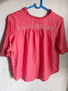 Coral Top with Ruffle Sleeves