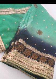 Green &amp; Navy Ombre Embroidered Saree