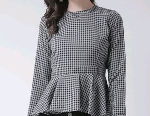Pinwheel- Grey Checked Peplum Top, S-SIZE