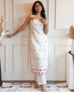 White Kurta Set with Red Heart Print