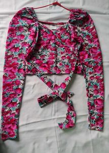 Puff Sleeve Floral Tie-Front Crop Top