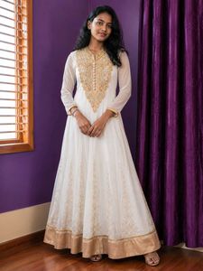 Elegant White & Gold Anarkali Gown