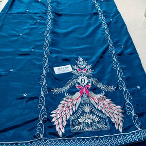 *French Crepe Peacock Embroidered Suit with Zari W