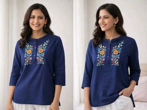 Embroidered Navy Blue Kurta Top