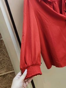 Red Textured Button-Up Shirt