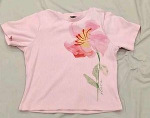 Pink Ribbed T-Shirt with Floral Print