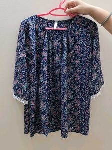 Navy Floral Print Kurta with White Trim