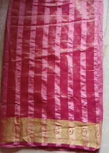 Pink &amp; Gold Striped Silk Saree
