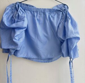 Blue Off-Shoulder Puff Sleeve Crop Top