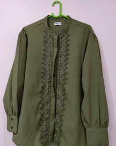 Olive Green Shirt-Style Top with Lace & BellSleves
