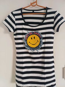 Striped T-Shirt with "Just Be Happy" Smiley Patch