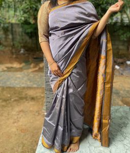 Elegant Grey Saree with Golden Border
