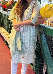 Pastel Green Embroidered Cotton Kurta with pant an