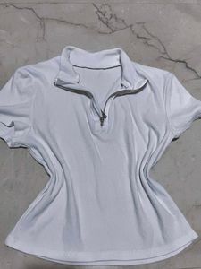 White Ribbed Zip-Neck Top