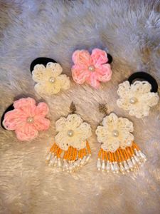 Handmade Crochet Flower Hair Ties &amp; Earrings