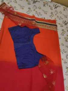 Ombre Orange &amp; Red Embroidered Saree