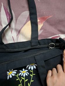 Black Tote Bag with Daisy Embroidery