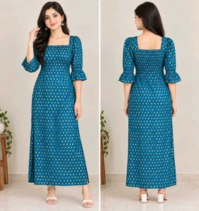 Elegant Teal Gown with Golden Print