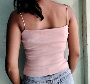 Women's Pink Ribbed Spaghetti Strap Top