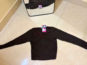 Brown Lace Trim V-Neck Long Sleeve Top