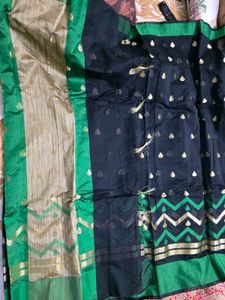 Elegant Black Saree with Gold &amp; Green Border