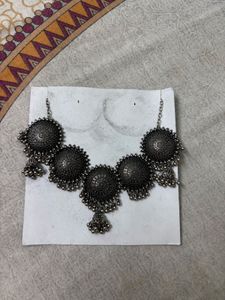 Oxidized Silver Jhumka Necklace