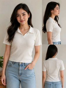 Cream Ribbed Knit Polo Top