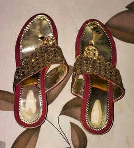 Elegant Golden &amp; Red Partywear Sandals