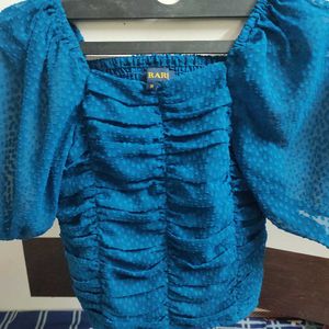 Blue Ruched Puff Sleeve Top