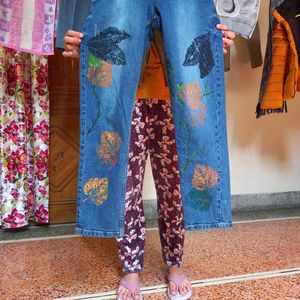Hand-Painted Leaf Design Denim Jeans