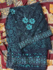 Dark Teal Floral Embroidered Saree