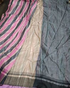 Pink &amp; Grey Striped Saree