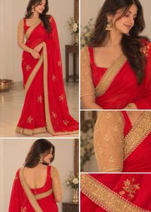Vibrant Pink & Coral Embroidered Saree