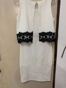 Women's White Dress with Black Lace Detail