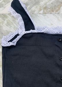 Black Ribbed Tank Top with Lace Trim
