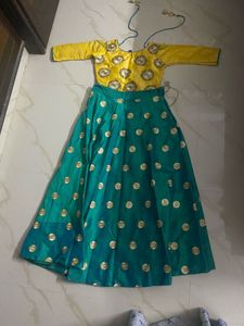 Teal Green Ethnic Skirt with Gold Motifs