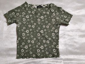 Green Floral Ribbed Cropped Top