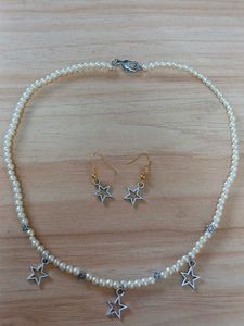 Pearl & Star Charm Necklace & Earrings Set