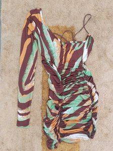 Ruched One-Sleeve Print Mini Dress