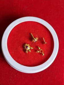 Gold Stud Earrings with Red Stone