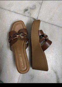 Tan Wedge Heels with Gold Buckle