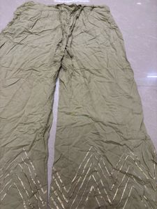 Festive Olive Green Wide-Leg Trousers with Gold Ch