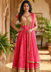 Beautiful Pink & Gold Embroidered Anarkali Gown wi
