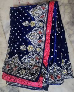 Blue &amp; Pink Velvet Saree