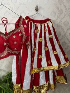 Red & White Striped Lehenga Choli Set