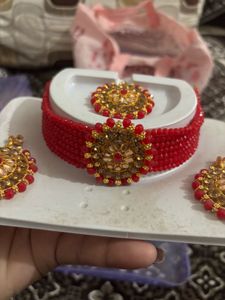 Red Beaded Choker Necklace Set